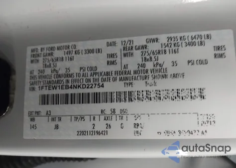 2022 Ford F-150 Xl z USA, uszkodzony, nr VIN 1FTEW1EB4NKD22754